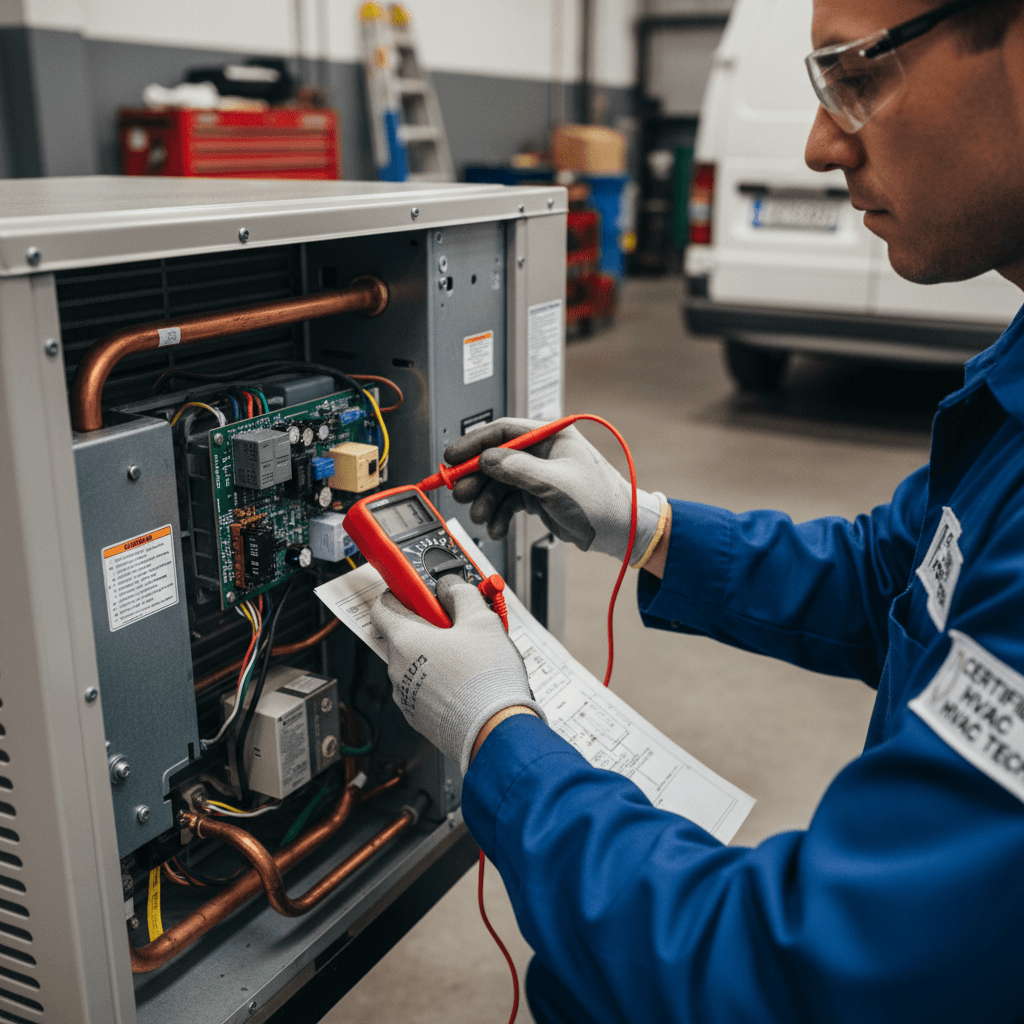 HVAC technician hands performing diagnostic testing on indoor air conditioning unit with digital multimeter