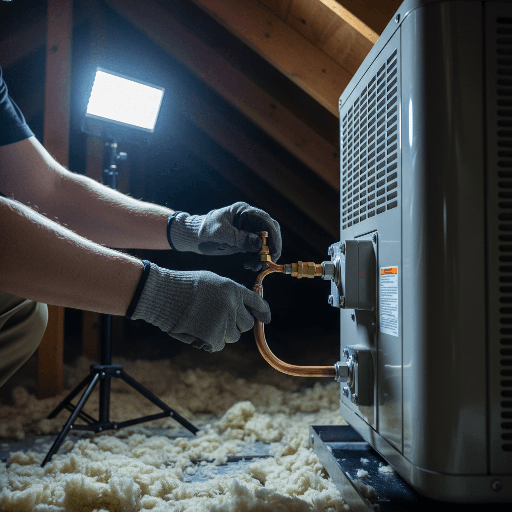 HVAC technician's hands installing AC compressor unit with copper refrigerant lines in residential attic